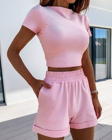 Women's Off Shoulder Crop Top and Shorts Set