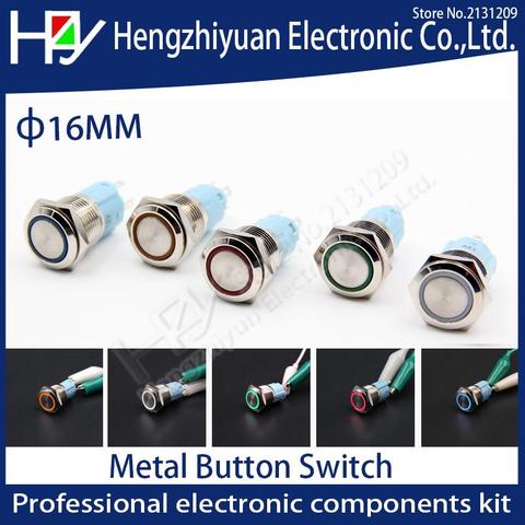 Hzy 5V12V24V220V Metal push button switch with light 16mm flat head self-reset Momentary Push Button waterproof LED metal switch ► Photo 1/5