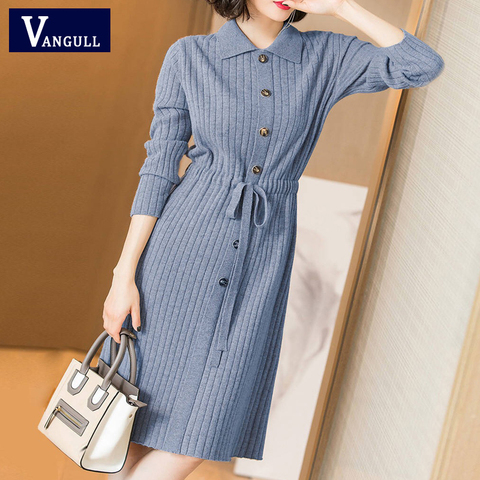 Vangull Women Knitted Dresses Solid Female Long Sleeve Dress 2022 New Autumn Winter Turn-down Collar Button Solid Slim Dresses ► Photo 1/6