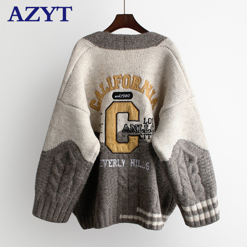 AZYT V Neck Letters Embroidery Autumn Winter Knit Women's Cardigan 2022 Oversized Patchwork Sweater Female Cardigan Jacket ► Photo 1/6