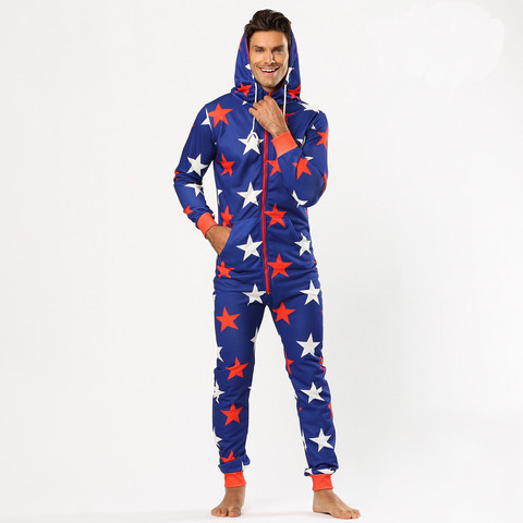 Men Warm Onesie Five-pointed Star Print Sleep Lounge Adult Sleepwear One Piece Pyjamas Male Jumpsuits Hooded Onesies ► Photo 1/6