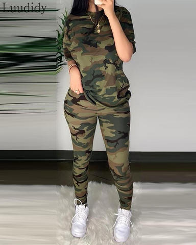 Women Fashion Elegant Casual Round Neck Camouflage Half Sleeve T-Shirt & long Pants High Waist Set ► Photo 1/3