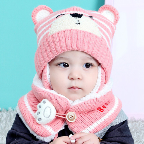 2022 New Fashion Baby Kid Winter Knitted Earmuffs Beanie Cap Scarf Set Children Cartoon Bear Hat Kid Accessories ► Photo 1/6