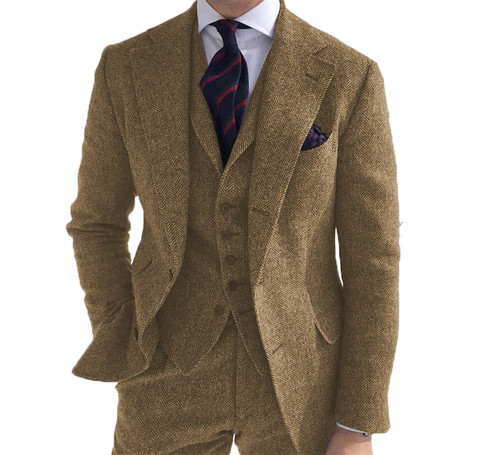 3 Pieces Mens Suits Wool Business Retro Classic Herringbone Pattern Groom Tweed Wool Tuxedos for Wedding (Blazer+Pants+Vest) ► Photo 1/6