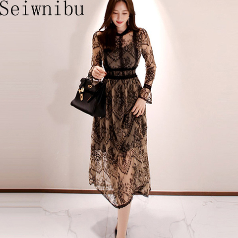 New Fashion Runway Lace Dress Women 2022 Fall Flare Sleeve Elegant Eyelash Lace High Elastic Waist Swing Party Vintage Long Dres ► Photo 1/6