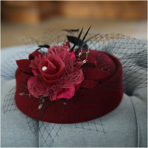 Vintage Elegant Female Cap Brand Soft Girls Chapeu Gauze Formal Hat Noble Wool Fedoras Hat For Women Hat Fashion Bow-Knot Cap ► Photo 1/6