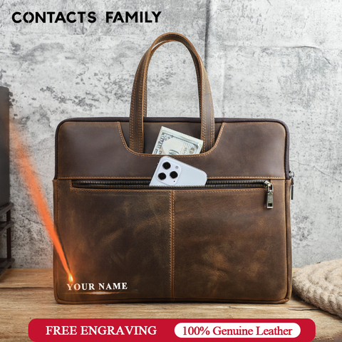 CONTACT'S FAMILY Men Briefcase Genuine Leather Laptop Bag For 16