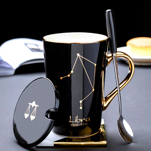 Ceramic Mugs 12 Constellations Creative Glass with Spoon Lid Black and Gold Porcelain Zodiac Milk Coffee Cup Drinkware ► Photo 1/6