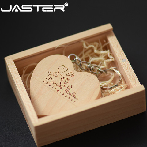 JASTER (free custom logo) walnut wooden heart + gift box USB flash drive creative pendrive 8GB 16GB 32GB 64GB memory stick ► Photo 1/5