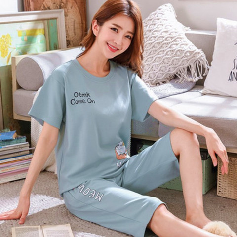 Summer Pajamas Girl's Cotton Short Sleeve Slim Sleepwear Large Size T-shirt + Cropped Pants Two-piece Set Cute Pyjamas Women 3XL ► Photo 1/5