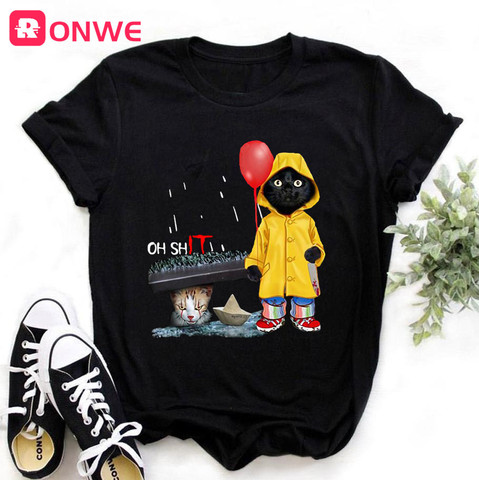 Women Funny Black Cat Print Tshirt Girl Harajuku Casual White Top Tees Female 90s Clothes,Drop Shipping ► Photo 1/6