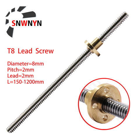 T8 Lead Screw OD 8mm Lead 2mm Pitch 2mm 150 200 250 300 350 400 500 600 1000 1500mm With Brass Nut For Reprap 3D Printer Z Axis ► Photo 1/6