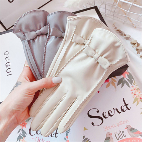 Sheepskin Gloves Female Autumn Winter Touch Screen Cute Bowknot Plus Velvet Thermal Driving Locomotive Real Leather Gloves 1205 ► Photo 1/6