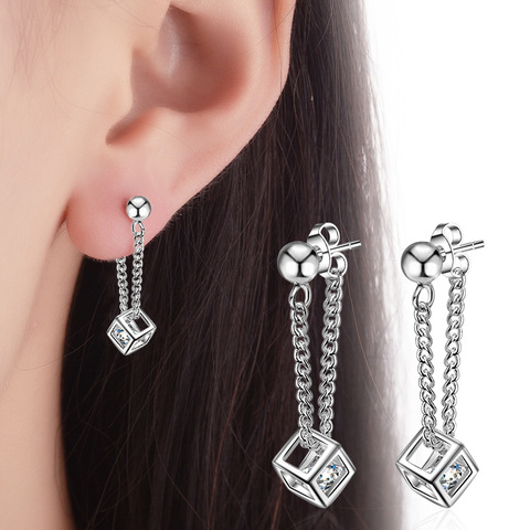 Simple Elegant 925 Sterling Silver Cube Love Window Zircon Tassel Sugar Drop Earrings For Women brincos oorbellen Best Gift ► Photo 1/6