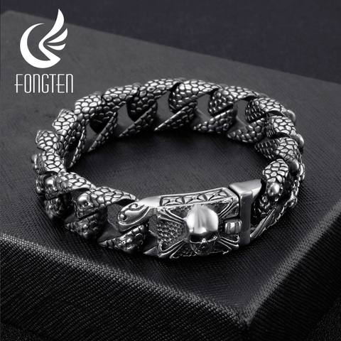 Fongten Gothic Retro Style Mens Bracelets Stainless Steel Skull Franco Link Curb Chain Bracelet For Men Punk Fashion Jewelry ► Photo 1/6
