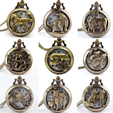 Retro Antique Chinese Zodiac Openwork Pendant Necklace Mens Round Bronze Pocket Fob Watch Boy USSR Relogio De Bolso Gifts Dog ► Photo 1/6