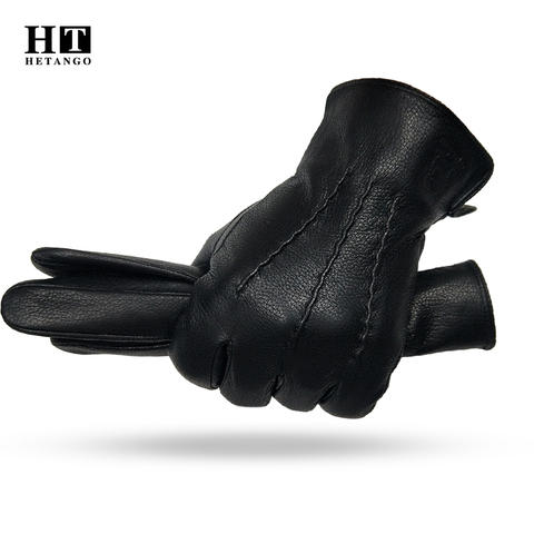 2022 New Winter Men's Leather Gloves Warm Soft Black Sewing Design Mittenskin Buckskin Gloves Imitate Wool Lining free shipping ► Photo 1/6