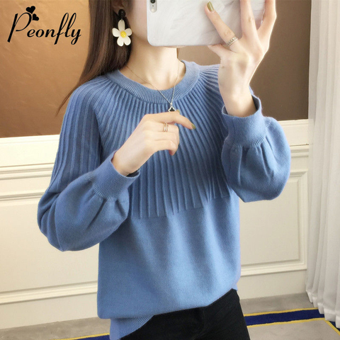 PEONFLY Women's Sweater 2022 Autumn Winter Knitted Pullover Casual Lantern Sleeve Women Tops Casual Solid Jumper Blue Green ► Photo 1/6