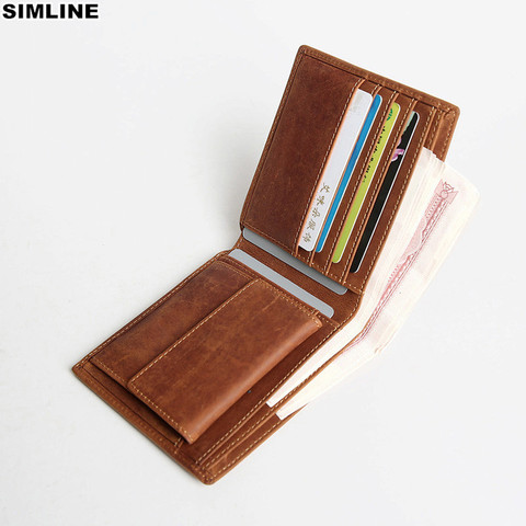 SIMLINE Genuine Leather Men Wallet Men's Vintage Crazy Horse Cowhide Short Wallets Purse With Coin Bag Pocket Card Holder Male ► Photo 1/6