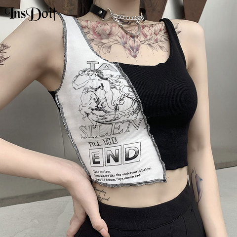 InsDoit Gothic Black White Patchwork Tank Top Streetwear Punk Bodycon Funny Print Tanks Women Harajuku Sexy Sleeveless Crop Tops ► Photo 1/6