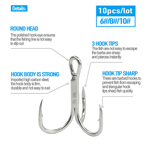 10Pcs Treble Hooks Fishing Silver High Steel Carbon Material Fishing Hook Round Folded Saltwater Bass #6 #8 #10 Tackle Tools ► Photo 1/6