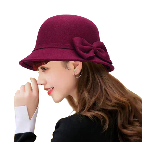 Winter Women Hat Solid Wool Felt Dome Fedoras Hats Vintage Bow Bucket Hat Ladies Cap ► Photo 1/6