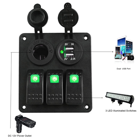 3 Gang Car Boat Switch Panel 12V Waterproof Marine Boat LED Rocker Switch Panel Digital Voltmeter Dual USB Port 12V Outlet ► Photo 1/6