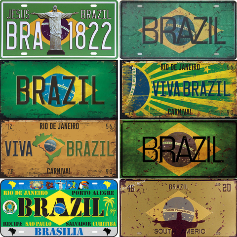 Vintage Brazil Car Number Poster License Plate Popular City Brazil National Flag Retro Tin Signs Home Decor Stickers 15x30cm ► Photo 1/6