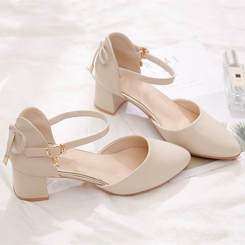 Bowtie High Heels Woman Pointed toe Single Shoes Women Pumps Ankle Strap Sandals Block Heel Footware for Office Lady Beige ► Photo 1/6