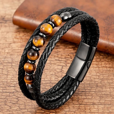 2022 Trendy Multilayer Leather Bracelets Men Jewelry 9 Style Round Stone 8mm Beaded Bracelets For Male Women Valentine Day Gifts ► Photo 1/6