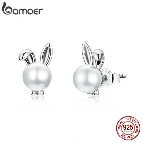 bamoer 925 Sterling Silver Cute bunny Earrings for Women Wedding Engagement Ear shell pearl Hypoallergenic Brincos BSE463 ► Photo 1/6