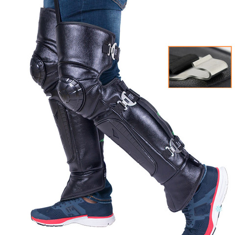 Motorcycle Long Knee Pads Full Cow Leather&Fluff Lining Kneepad Winter Waterproof Kneepads Ski Skating Protector Warm Knee Pads ► Photo 1/6