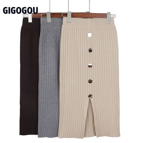 GIGOGOU High Waist Autumn Winter Knitted Women Skirts Warm skirt Long Female Rib Skirts With Button ► Photo 1/6