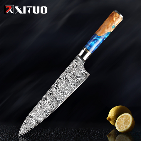 XITUO Powder VG10 Damascus Steel Chef Knife Cleaver Paring Fish Kitchen Knife Blue Resin Color Wood Handle Cooking Tool ► Photo 1/6