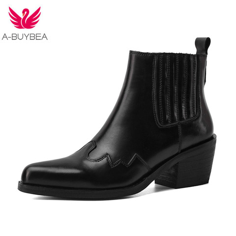 Genuine Leather 2022 High Quality Women Ankle Boots Pointed Toe Thick Heel Chelsea Boots Calf Leather Women Boots Ladies Shoes ► Photo 1/6