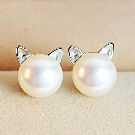 Real 100% 925 Sterling Silver cat pearl Stud Earrings for Women Girls Fashion sterling-silver-jewelry brincos brinco ► Photo 1/4