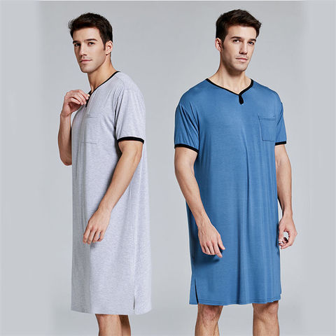 Men Sleep Robes Short Sleeve Solid Pajamas Pockets Cozy Cotton Vintage Homewear Nightgown Mens Bathrobes ► Photo 1/6
