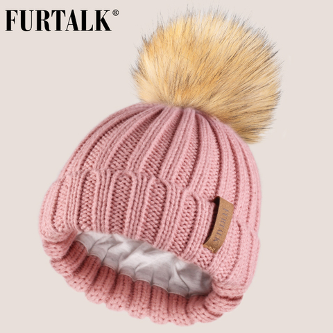 FURTALK Kids Winter Hat Faux Fur Pom Pom Hat Baby Boys Girls Knitted Beanie Hat Ages 1-10 Year Child Winter Cap ► Photo 1/6