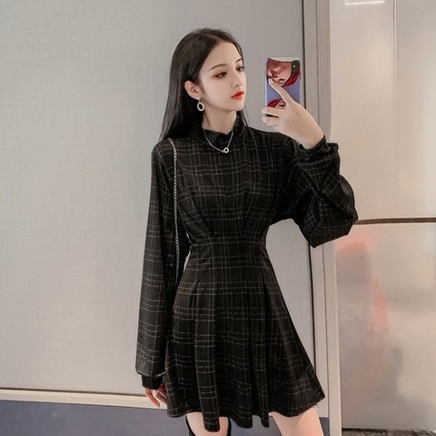 2022 Autumn Vintage Women Fit Silm A-Line Above Knee Plaid Dress Office Lady Stand collar Long Lantern Casual OL Draped Dress ► Photo 1/6