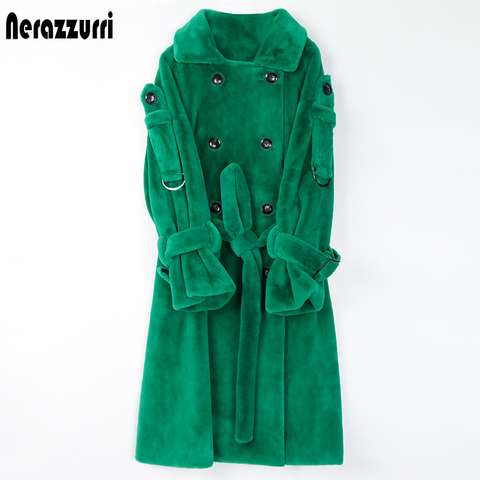 Nerazzurri Long warm fluffy faux fur trench coat for women 2022 Double breasted pink white green plus size winter fashion belt ► Photo 1/6