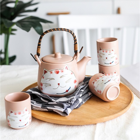 Ceramics Coffee Tea Set Japanese Lucky Cat Pink Black Bone China Kettle Cup Pot Water Ware Household Kitchen Supplies Drinkware ► Photo 1/6