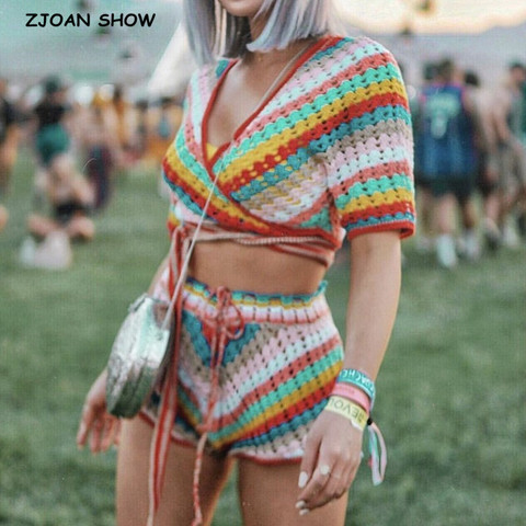 2022 BOHO Lacing up Colored Striped Hand crochet Cardigan Sweater Women Bandage Mini Short Shorts Half Sleeve Tops 2 Pieces Set ► Photo 1/6