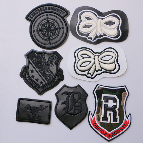 Embroidery Black PU Leather Military letters icon Applique Patches For Fashion Clothes Shoes DIY Iron on Badges on a backpack ► Photo 1/5