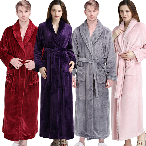 Women Men Thermal Luxury Flannel Extra Long Bath Robe Winter Sexy Grid Fur Bathrobe Warm Kimono Dressing Gown Bridesmaid Robes ► Photo 1/6