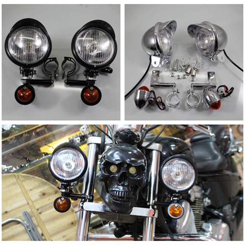 1 Set Universal Motorcycle Turn Signal Light Front Fog Driving Spot Lamp With Bar Bracket For Cafe Racer Honda Shadow Harley ► Photo 1/5