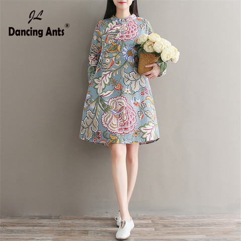 Woman Dress A-line Loose Dress Vintage Chinese Style Flower Printed Dresses Long Sleeve Mandarin Collar Button Vestidos ► Photo 1/6