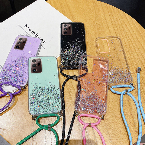 Luxury Bling Glitter Lanyard Silicone Phone Case For Samsung Galaxy S20 S10 E S9 S8 Note 20 10 9 Plus Ultra-thin Necklace Cover ► Photo 1/6