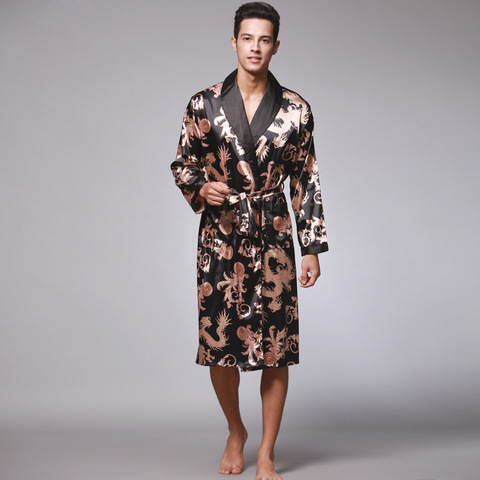 Men Silk Summer and Autumn Satin Kimono Bathrobe Golden Dragon Knee Length Long Sleeve Black Bath Robe Dressing Gown Sleepwear ► Photo 1/5