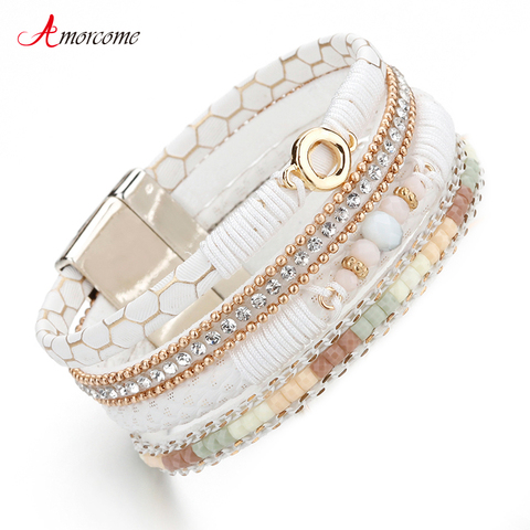 Amorcome White Leather Bracelets for Women Rhinestone Crystal Metal Charm Wide Multilayer Wrap Bracelets & Bangles Jewelry ► Photo 1/6