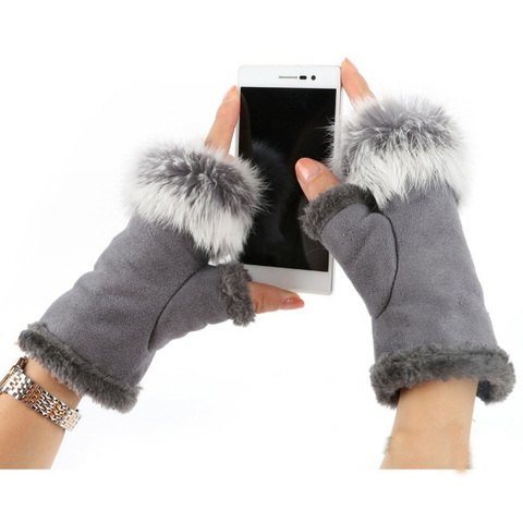 Rabbit Fur Leather Lady Fingerless Mittens Women Winter Warmer Suede Wrist Outdoor Gloves ► Photo 1/6